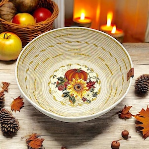 Bol en corde fait main - Bol décoratif en corde - Centre de table - Idée cadeau - Bol décoratif fait main en corde de coton sur le thème de l&#39;automne