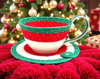Decorative Christmas Cup and Saucer-Handmade rope Christmas cup-Christmas decoration-Handmade gift for Christmas-Christmas candy bowl