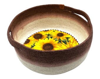 Handmade basket-Ombre effect rope basket-Rope basket with sunflowers on the bottom-Cotton rope basket with handles-Decorative rope basket