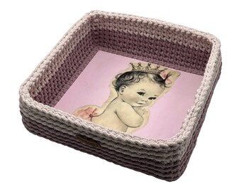 Baby Girl pink crochet basket with wooden base