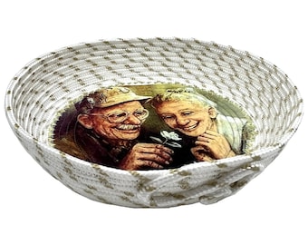 Handmade rope bowl with design on the bottom