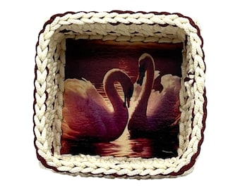 Swans handmade small size square crochet basket with wooden base