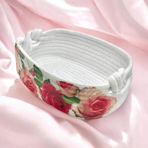 Kosz z bawełnianej liny decoupage'u - Mały kosz do przechowywania - Kosz dekoracyjny do łazienki - Mały kosz do przechowywania - Kosz z liny decoupage'u "Róże"