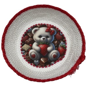 Little bear with chocolate handmade rope bowl