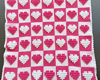 Crochet baby blanket-Handmade baby blanket-White and pink hearts baby blanket-Car seat baby blanket-Stroller blanket-Baby gift