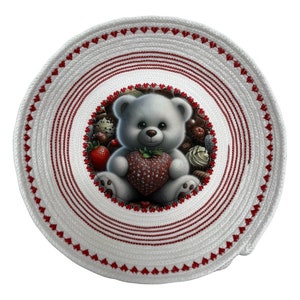 Teddy Bear with strawberry handmade rope bowl