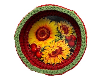 Sunflowers handmade small size crochet basket with wooden base