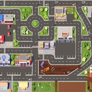 Könnte beinhalten: Eine farbenfrohe Draufsicht einer Spielzeugstadt mit Straßen, Gebäuden und Grünflächen. Die Stadt umfasst eine Tankstelle, eine Feuerwache, ein Krankenhaus, einen Supermarkt und einen Bauernhof. Die Straßen haben weiße Linien.
