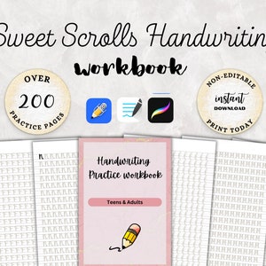 May include: A pink and white workbook with the title "Handwriting Practice Workbook" and the text "Teens & Adults". The cover features a pencil with a pink eraser. The workbook is part of a set of printable worksheets for practicing handwriting. The set includes over 200 practice pages.