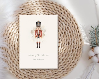 Nutcracker Christmas Card Editable Canva Template Watercolor Printable Customizable Holiday Greeting Card DIY Toy Soldier Greeting Card
