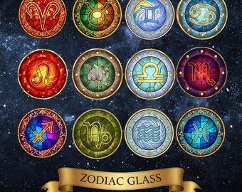 Stained Glass Zodiac PNG Bundle Astrology Clipart Celestial Horoscope Signs Mystic Spiritual Digital Download Star Sign SVG Commercial Use