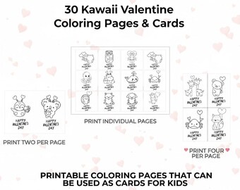 30 Valentine Coloring Cards for Kids, Printable Activity for Classroom Cute Animal Pages Instant Download School Exchange Mini Cards