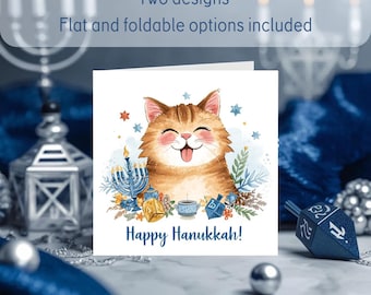 Hanukkah Cat Cards | Watercolor Jewish Holiday Greetings (PDF & PNG)