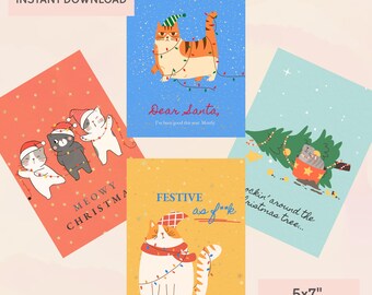 Funny Christmas Cat Card Set Meowy Christmas, Rude Humor (Digital Download) Bundle of 4 Cat Lover Xmas Greetings