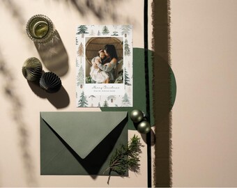 Merry Christmas Photo Card Template, Printable Minimalist Family Christmas Card, Editable Picture, Watercolor Holiday Card, Instant Download