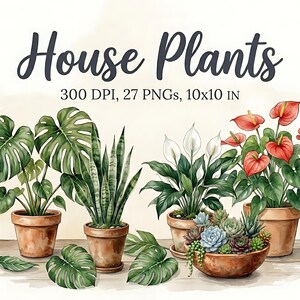 Könnte beinhalten: Aquarell-Illustration verschiedener Topf-Zimmerpflanzen, darunter Monstera, Bogenhanf, Einblatt und Flamingoblume. Das Bild enthält den Text "House Plants" und Details: 300 DPI, 27 PNGs, 25,4x25,4 cm.