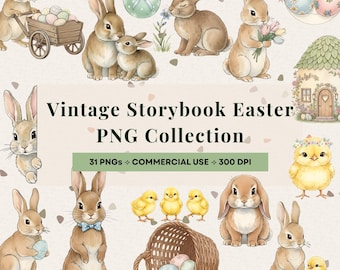 Vintage Storybook Easter Clipart Bundle 31 PNG, Watercolor Bunny & Chick, Pastel Easter Graphics Cottagecore Spring Printable Nursery Art