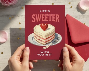 Vintage Heart Cake Valentine's Card, Kitsch Watercolor Red Cherry Art, Retro Heart Cake Greeting, Aesthetic 5x7 Card, Sweet Coquette Gift