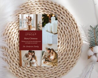 Neutral Christmas Photo Card Template Minimalist Holiday Card Maroon Taupe Christmas Card Canva Template Family Christmas Card