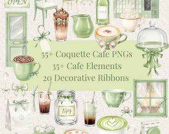 55+ Wasabi Coquette Café PNG Bundle Commercial Use Watercolor Café Sage Green Café Elements & Ribbon Bows Aesthetic Coffee Shop Clipart