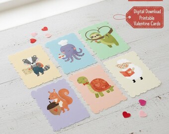Animal Valentine Cards Kids Classroom Exchange Mini Set Six Cute Critters For Children School Favors Preschool Students Instant Download
