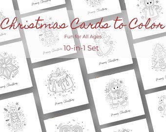 Holiday Coloring Card Set 10 Printable Christmas Cards Instant Craft Activity for Kids and Adults Download PDF Bundle