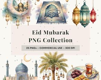 Eid Mubarak PNG Collection –  Kareem & Eid Mubarak Watercolor Islamic Clipart Bundle