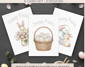 Printable Easter Card Bundle | Watercolour Rabbits | Digital Download | Easter Greeting | Print at Home | Bunny Card | Vintage |