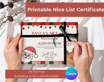 Editable Santa Nice List Certificate A4 Kids Christmas Award Editable Customizable Canva Template Classroom Xmas Activity