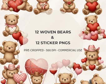 12 Woven Teddy Bear PNG & Stickers, Knitted Wool Heart Clipart, Valentine’s Day Bear, Cozy Yarn Texture, Digital Download, Commercial Use