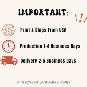Pode incluir: Gr&aacute;fico creme com a palavra "IMPORTANTE" em negrito, com uma fonte retr&ocirc;. Abaixo, o texto detalha os tempos de produ&ccedil;&atilde;o e entrega, e a frase "Print & Ships From USA". Inclui um selo "Made in U.S.A.".