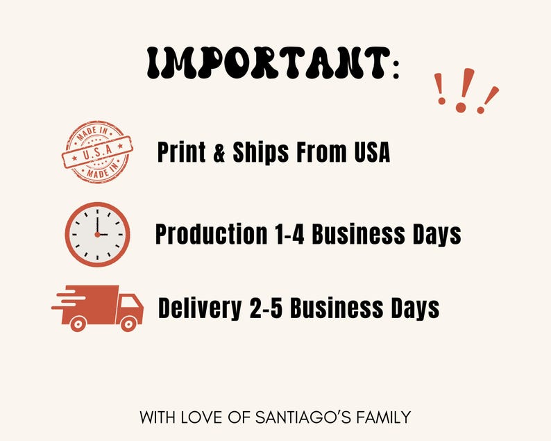 Pode incluir: Gr&aacute;fico creme com a palavra "IMPORTANTE" em negrito, com uma fonte retr&ocirc;. Abaixo, o texto detalha os tempos de produ&ccedil;&atilde;o e entrega, e a frase "Print & Ships From USA". Inclui um selo "Made in U.S.A.".