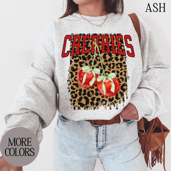 Leopard Print Cherry Sweatshirt, Cherries Coquette Valentine Sweatshirt For Women, Leopart Sweatshirt for Womens, Cheetah Print Sweatshirt