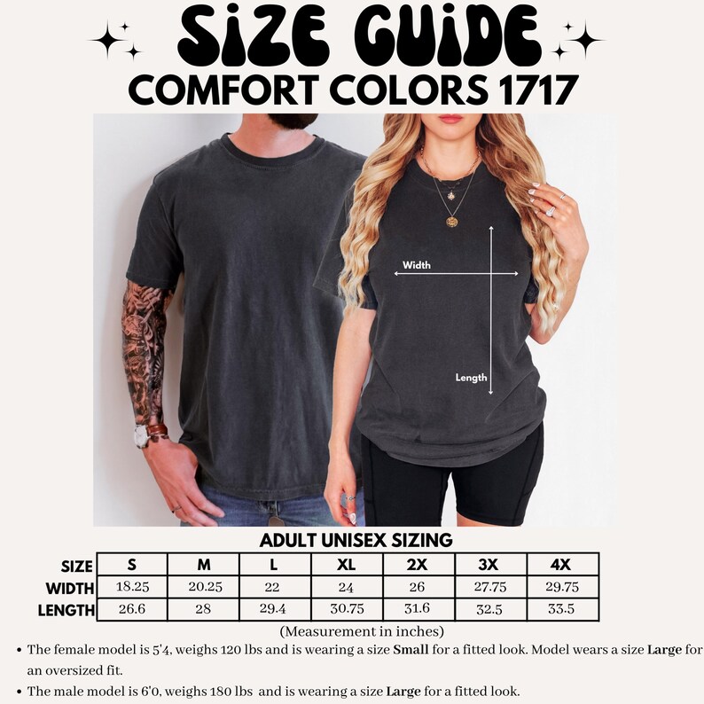 Pode incluir: Guia de tamanhos para camisetas Comfort Colors 1717. A imagem mostra um homem e uma mulher vestindo as camisetas, com medidas de largura e comprimento em polegadas. A tabela de tamanhos inclui tamanhos de S a 4X. A modelo feminina tem 1,63 m de altura e veste Small para um ajuste justo.