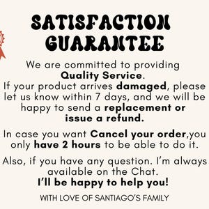 Pode incluir: Gr&aacute;fico creme com as palavras "SATISFA&Ccedil;&Atilde;O GARANTIDA" em negrito, fonte retr&ocirc;. O texto promete servi&ccedil;o de qualidade, substitui&ccedil;&otilde;es ou reembolsos por produtos danificados em 7 dias, e um cancelamento de 2 horas. Inclui um gr&aacute;fico de fita vermelha.