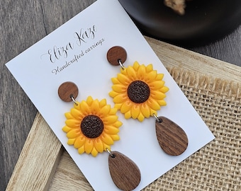 Handmade Sunflower Dangle Earrings: Unique Wooden Flower Earrings