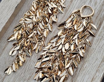 Chandelier dangle earrings, large lightweight earrings, gold leaf dangle earrings, long leaf earrings, gift for her