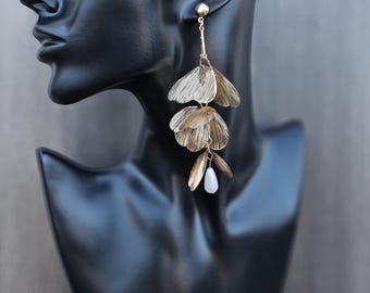 Large Gold Leaf Dangle Earrings: Statement Floral Earrings