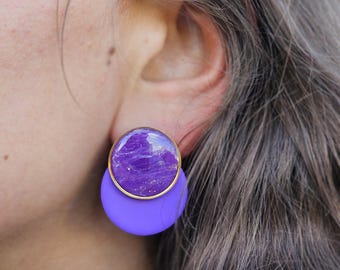 Handmade Purple Stud Earrings: Matte & Epoxy Resin, Violet Circle Accents