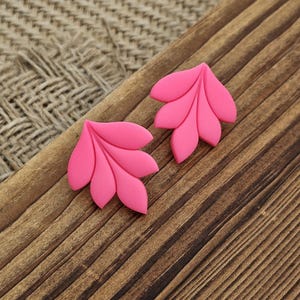 Neon Pink Leaf Stud Earrings: Handmade Polymer Clay Statement Jewelry