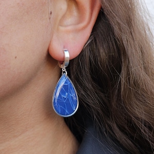 Marbled Blue Polymer Clay Teardrop Earrings: Gold & White Resin Finish