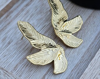 Gold Leaf Earrings: 18k Plated Stainless Steel Statement Studs, Statement Stud Earrings, Long Leaf Studs