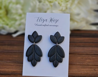 Black Leaf Dangle Earrings: Lightweight Stainless Steel Studs
