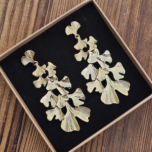 Gingko leaf earrings,statement earrings,long gold statement earrings,gift for her,leaf earrings,extra large earrings,gold dangle earrings