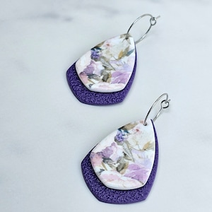 Purple earrings, floral earrings, dangle earrings on hoop, flower earrings, spring earrings,flower dangle earrings, violet earrings, flowers