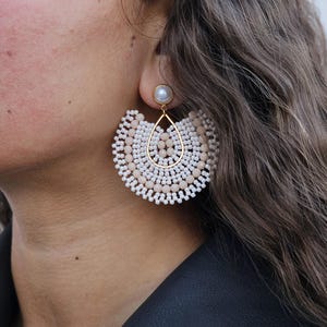 Large fan earrings, beaded statement earrings, large earrings, beaded earrings,rose pink earrings, gift for her, extra large earrings,gifts