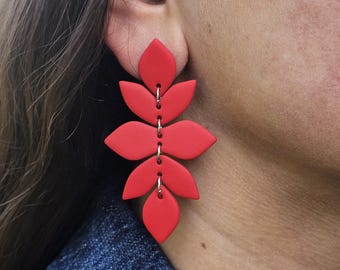Handmade Bright Red Leaf Dangle Earrings: Polymer Clay Statement Jewelry