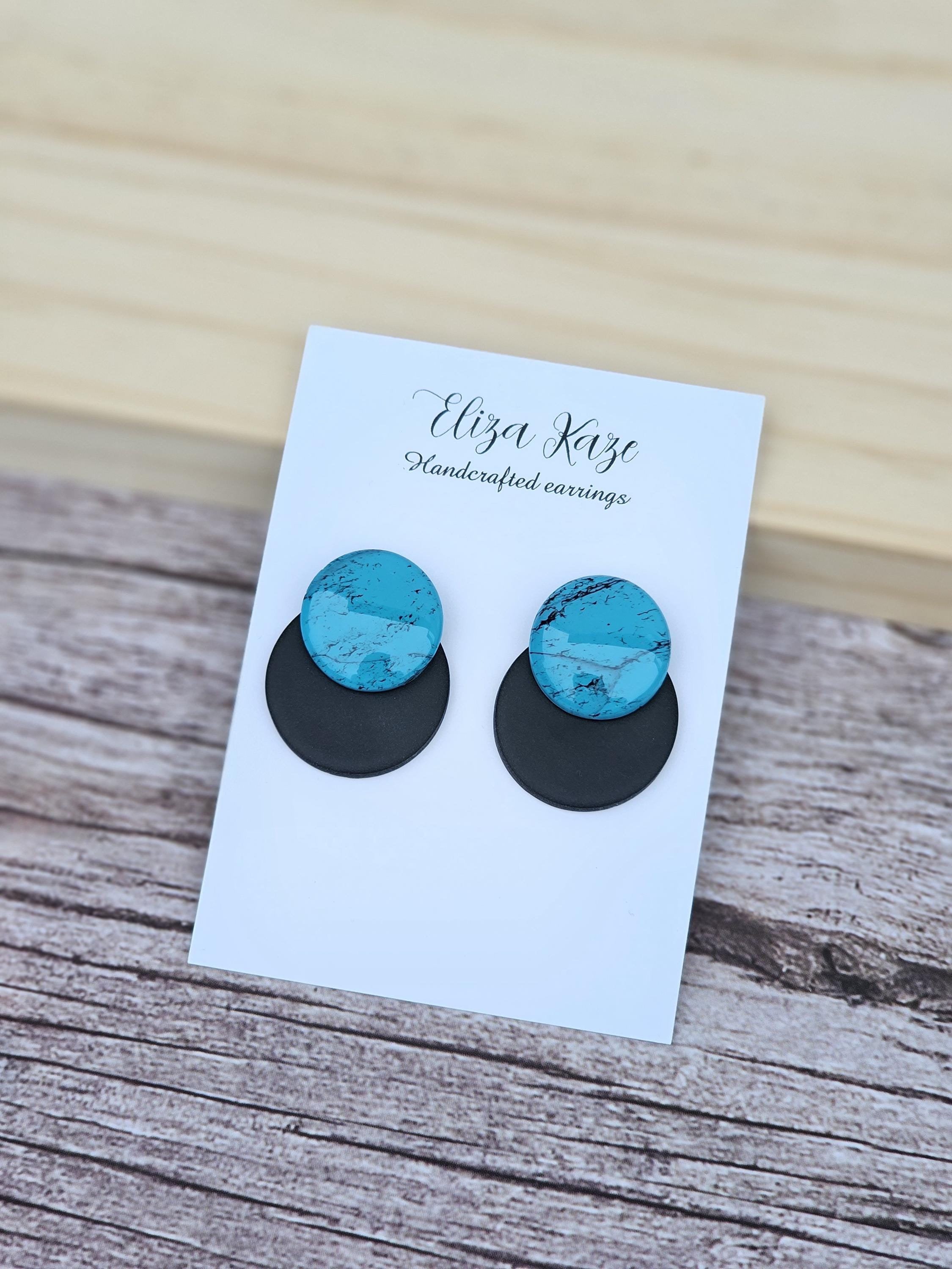 Handmade Matte Black & Marbled Turquoise Stud Earrings