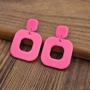 Neon Pink Square Earrings: Lightweight Polymer Clay Statement Jewelry