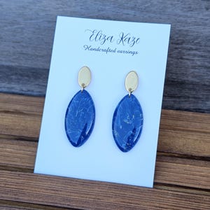 Dark Blue Polymer Clay Earrings: Gold Plated Studs, Oval Dangle Earrings